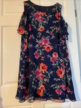 R&K Navy Floral Cocktail Dress with Pink and Orange Blooms